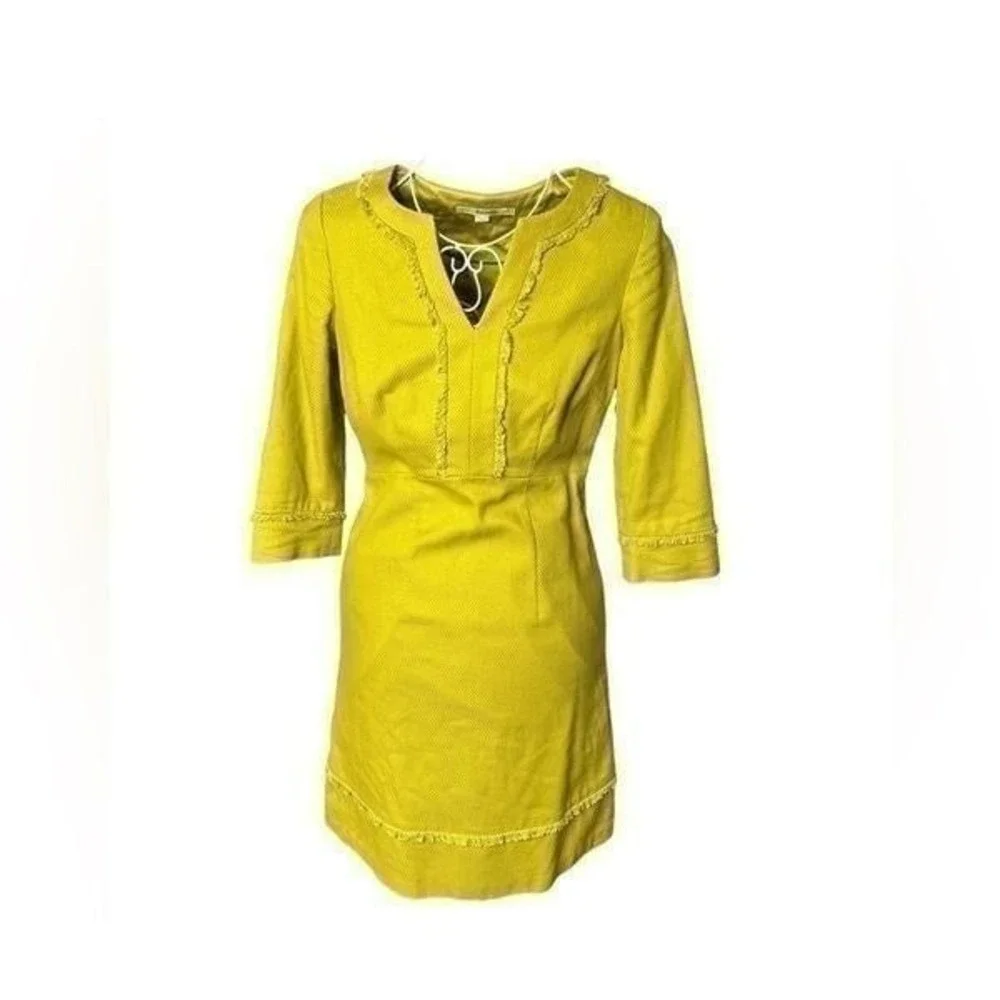 Boden Mallard Shift, a Velvet Empire Waist Dress in olive green. Ruffle Bodice l